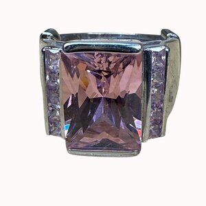 Large Rectangular Pink Gemstone Statement Ring With SilverBand Marked Size 5-6